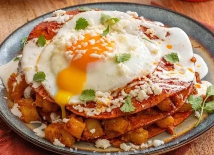 Stacked potato and chorizo enchiladas served on a plate