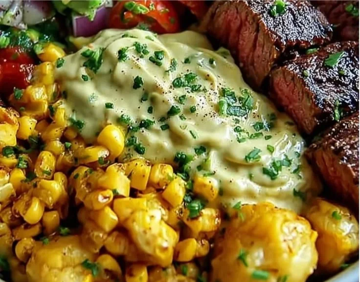 Delicious Steak Avocado Corn Bowl with vibrant ingredients ready for meal prep.