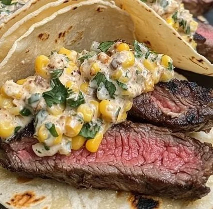 Delicious Steak Elote Tacos topped with creamy elote and fresh ingredients