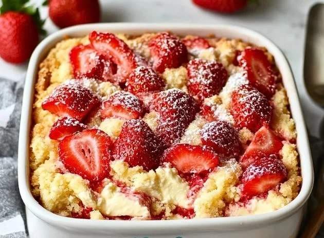 Delicious strawberry cheesecake dump cake topped with fresh strawberries.