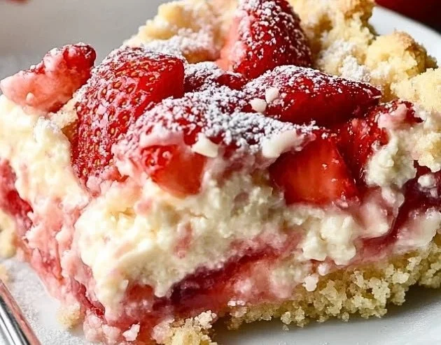 Delicious strawberry cheesecake dump cake topped with fresh strawberries.