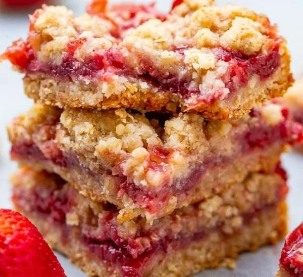 Delicious homemade strawberry crumble bars with a golden topping