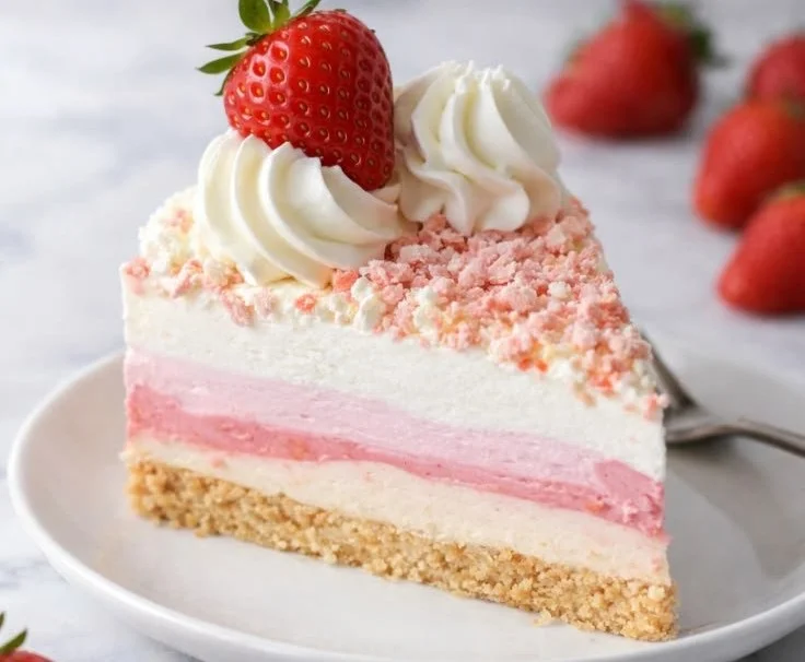 Delicious Strawberry Crunch Cheesecake topped with crispy strawberry crunch