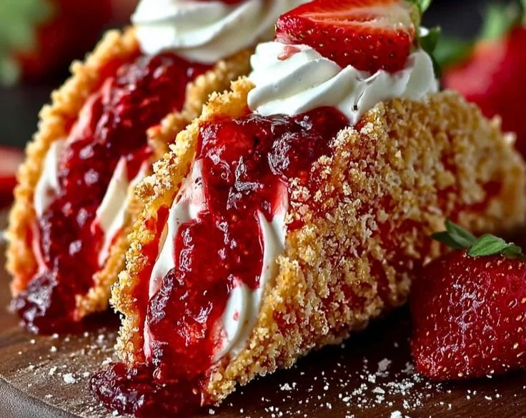 Delicious Strawberry Crunch Cheesecake Tacos ready to be served.