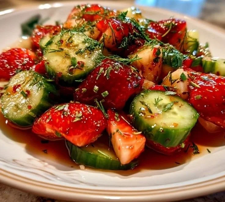 Colorful Strawberry Cucumber Salad with fresh ingredients in a bowl
