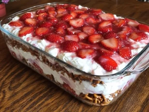 Delicious Strawberry Pretzel Salad with layers of strawberries and pretzels