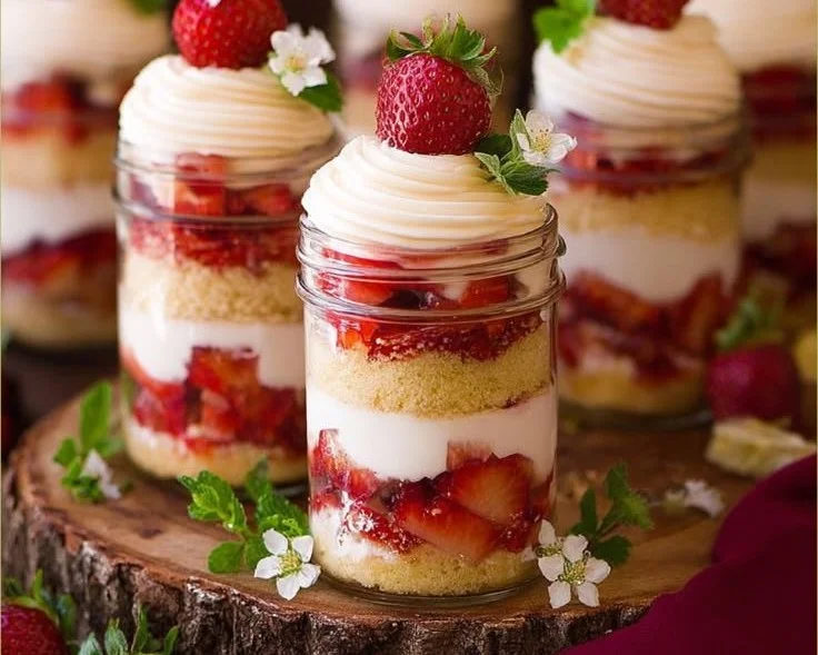Layers of strawberry shortcake trifle with fresh strawberries and cream