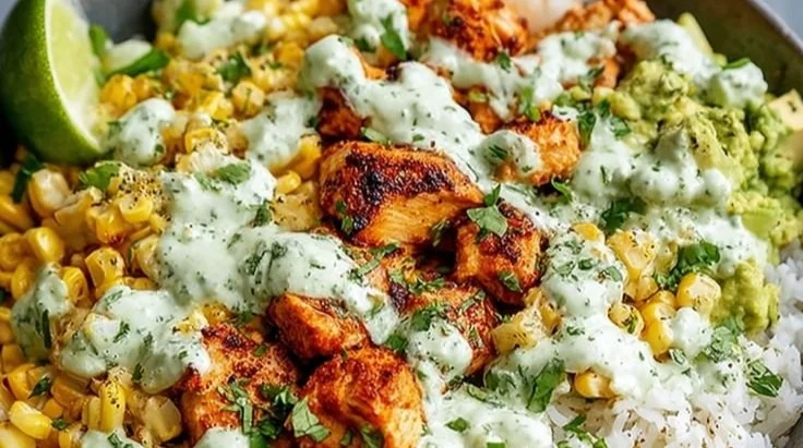 Delicious Street Corn Chicken Rice Bowl with fresh ingredients and vibrant flavors