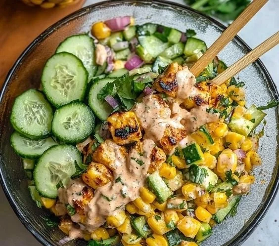 Creamy cucumber chicken salad with street corn recipe