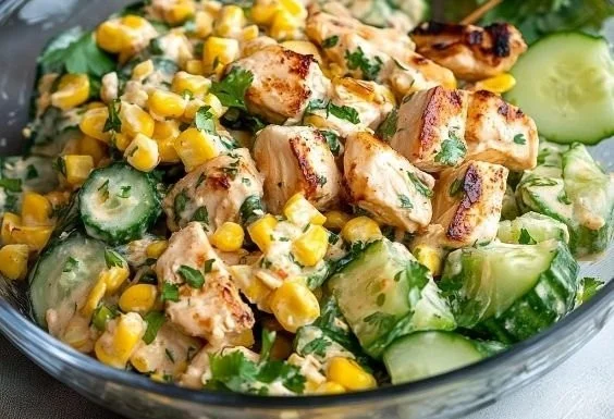 Delicious street corn creamy cucumber chicken salad in a vibrant serving bowl