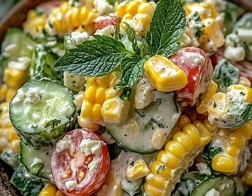 Street Corn Creamy Cucumber Salad served in a bowl with fresh ingredients.