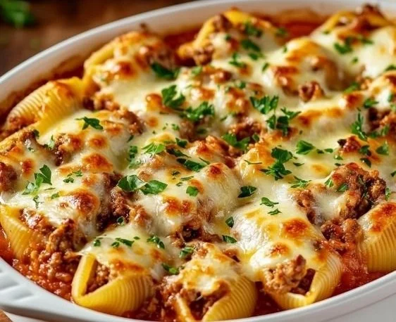 Stuffed pasta shells filled with ground beef and marinara sauce