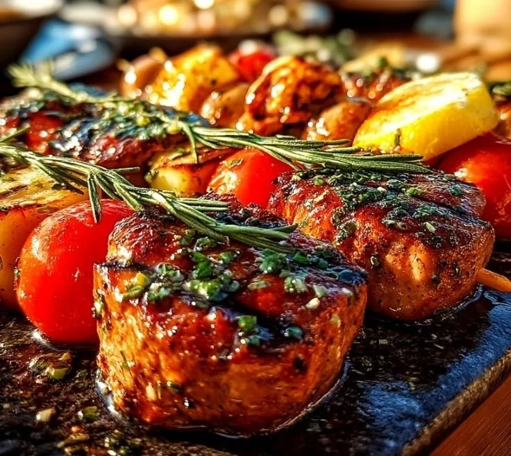 Delicious summer BBQ party food with grilled meats and colorful sides.