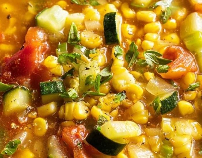A bowl of summer corn and vegetable soup topped with fresh herbs and served hot.