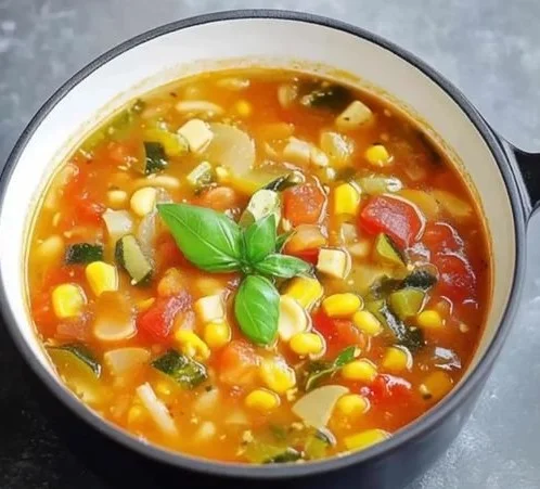 A bowl of colorful Summer Minestrone soup with fresh vegetables and herbs.