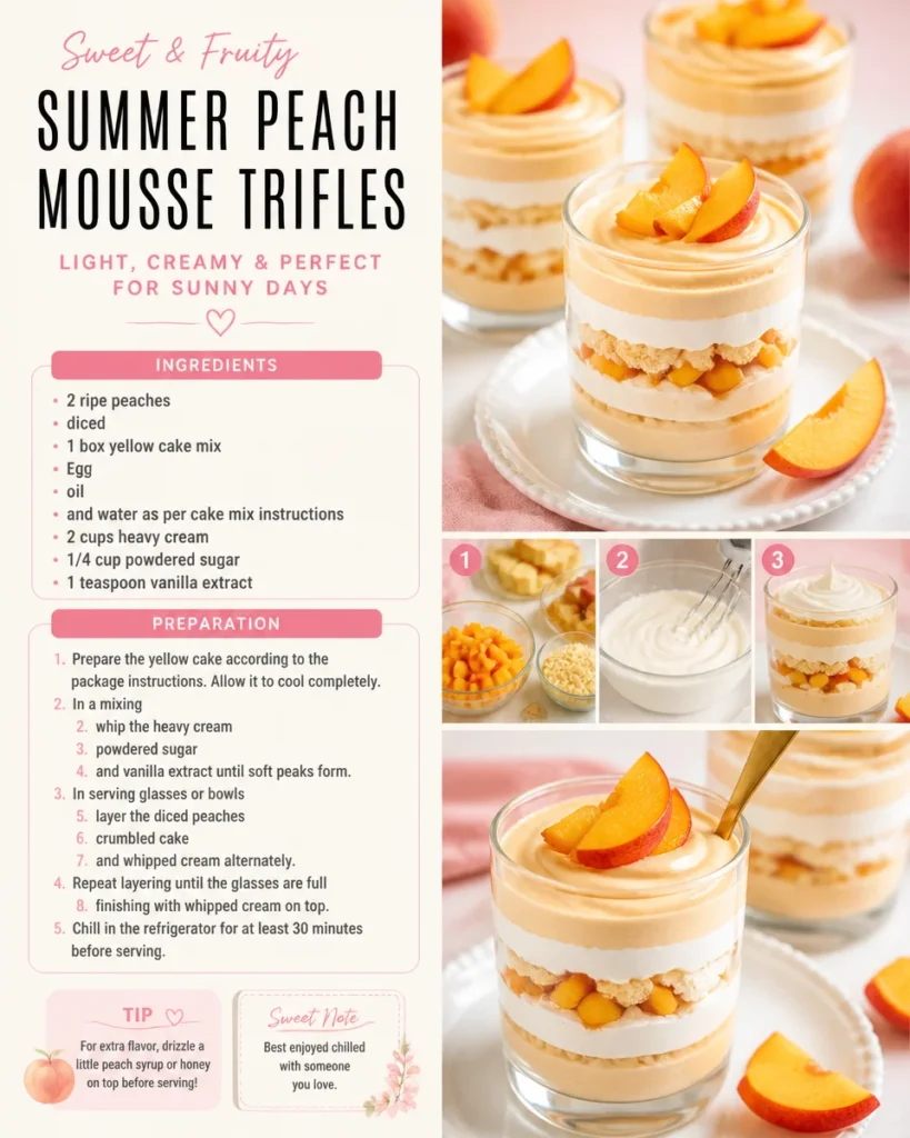 Delicious summer peach mousse trifles in glass cups, topped with fresh peaches.