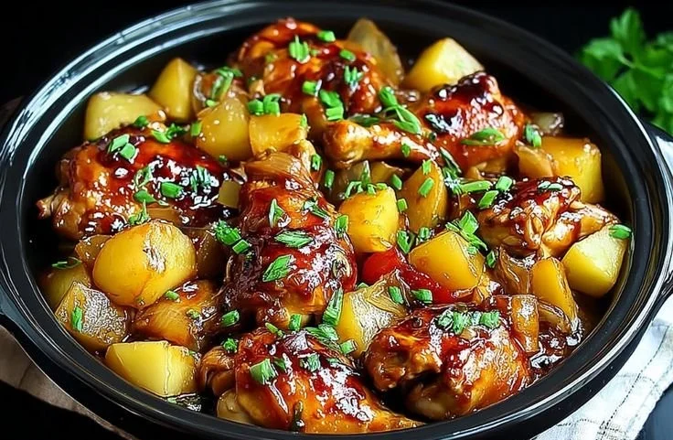 Delicious Sweet Hawaiian Crockpot Chicken served on a plate with pineapple