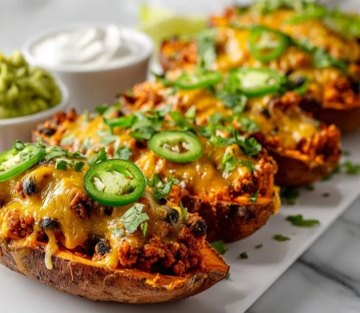 Sweet potato boats filled with ground turkey and black beans, a healthy recipe.