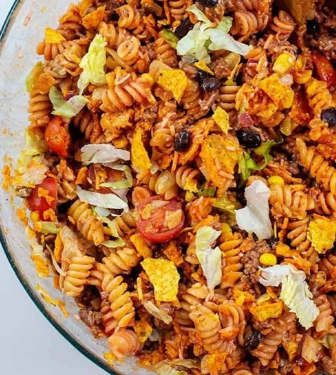Colorful Taco Pasta Salad with fresh ingredients and vibrant toppings
