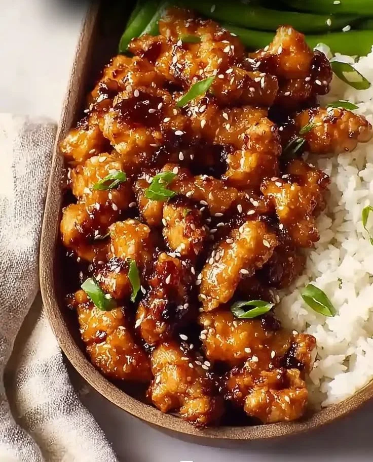 High protein sesame chicken with a flavorful sauce and sesame seeds