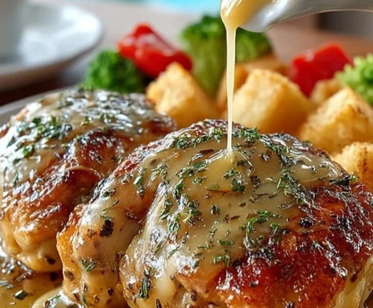 Delicious Texas Roadhouse Smothered Chicken served with rich gravy and toppings