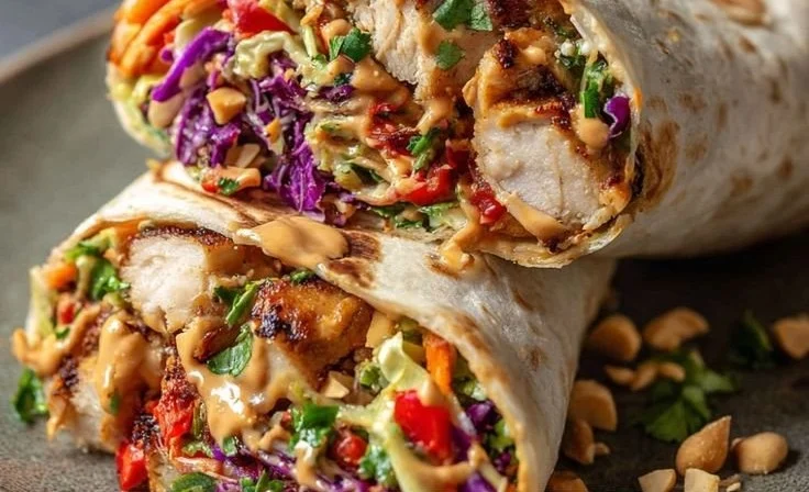 Thai Chicken Wrap with fresh vegetables and crunchy Asian slaw