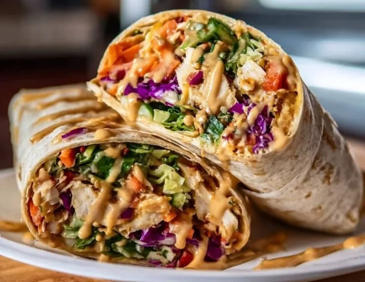 Thai Peanut Chicken Wraps filled with fresh vegetables and creamy peanut sauce