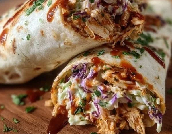 BBQ chicken wraps with coleslaw on a rustic wooden table