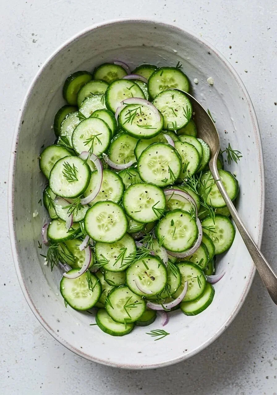 Refreshing cucumber salad served in a bowl with herbs and dressing