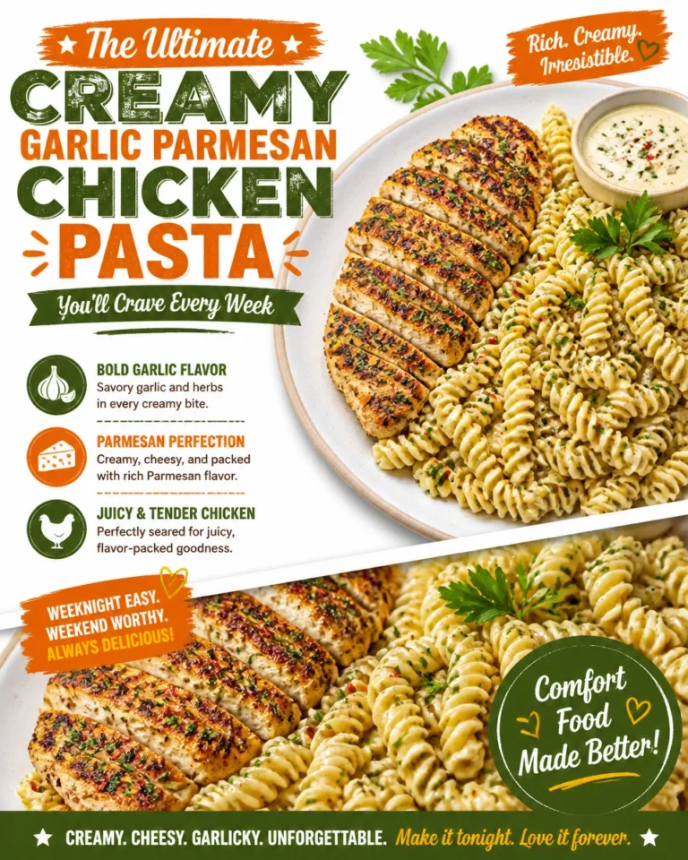 Creamy garlic parmesan chicken pasta dish served in a bowl with herbs