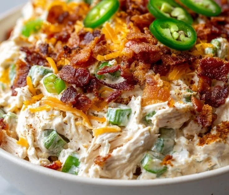 Ultimate Jalapeno Popper Chicken Salad with spicy peppers and creamy dressing.