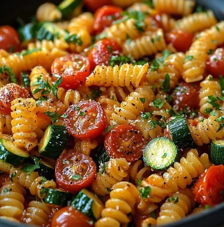 A vibrant bowl of Tomato Zucchini Pasta topped with fresh herbs and cheese.