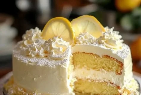Slice of luscious Italian Lemon Cream Cake with lemon zest garnish