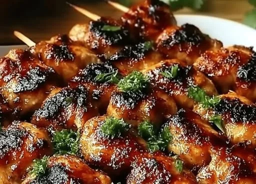 Grilled Thai Coconut Chicken Skewers on a platter ready for family fun