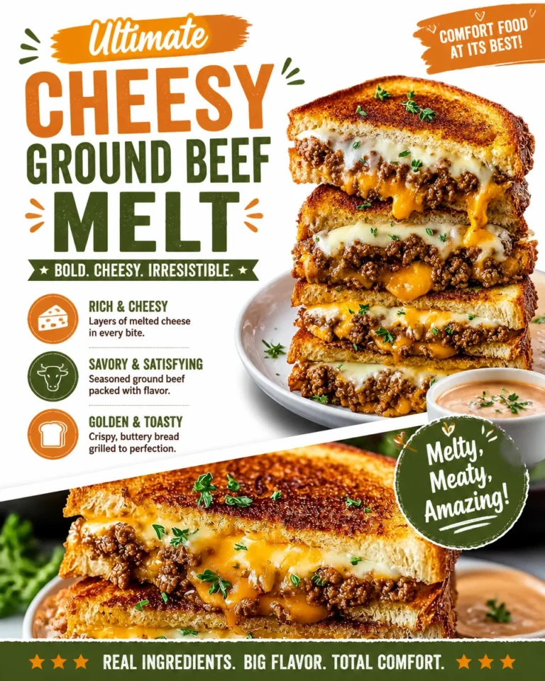Ultimate Cheesy Ground Beef Melt topped with melted cheese and fresh ingredients
