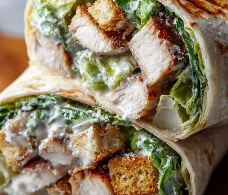 Delicious Chicken Caesar Wraps, golden-brown with crispy chicken and creamy dressing