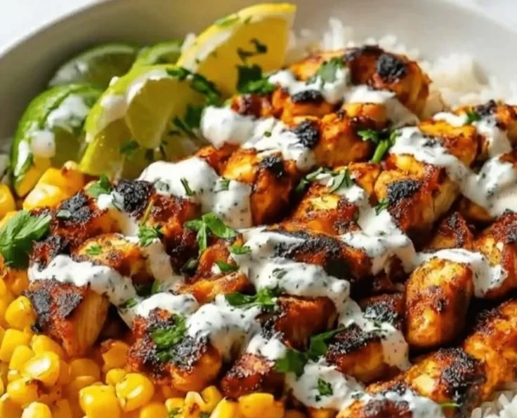 High protein street corn chicken bowl with fresh ingredients