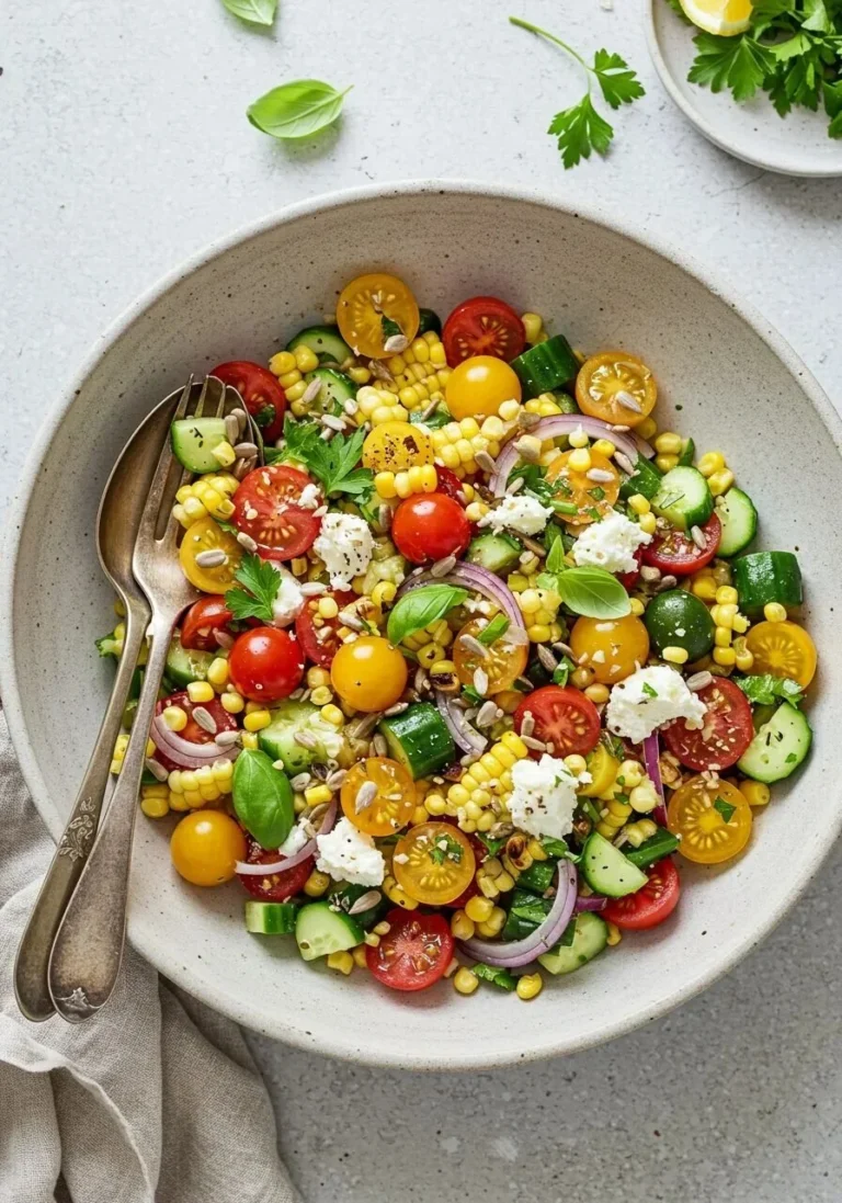 A vibrant bowl of Ultimate Summer Salad with fresh vegetables and herbs
