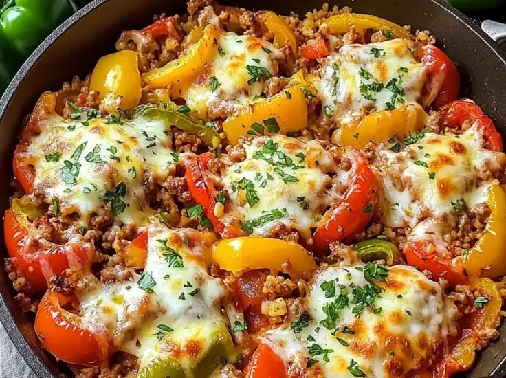 Delicious unstuffed pepper skillet dish in a frying pan, garnished with herbs.