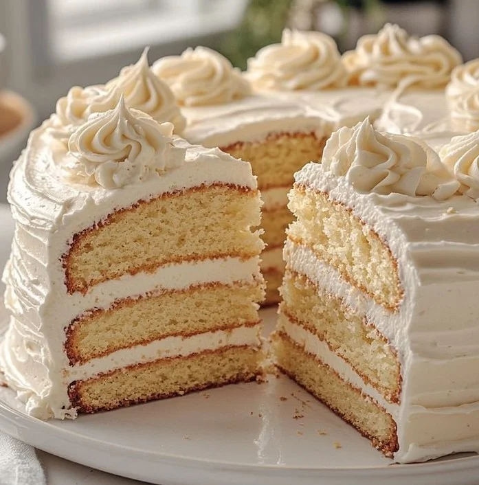 Deliciously frosted vanilla cake with fresh berries on top