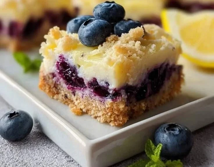 Zesty blueberry lemon bars topped with fresh blueberries and lemon zest.