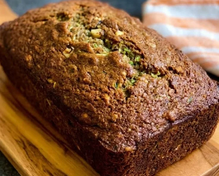 Freshly baked zucchini bread on a wooden cutting board.
