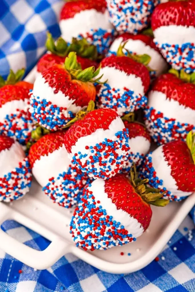 Delicious chocolate covered strawberries decorated for 4th of July celebration