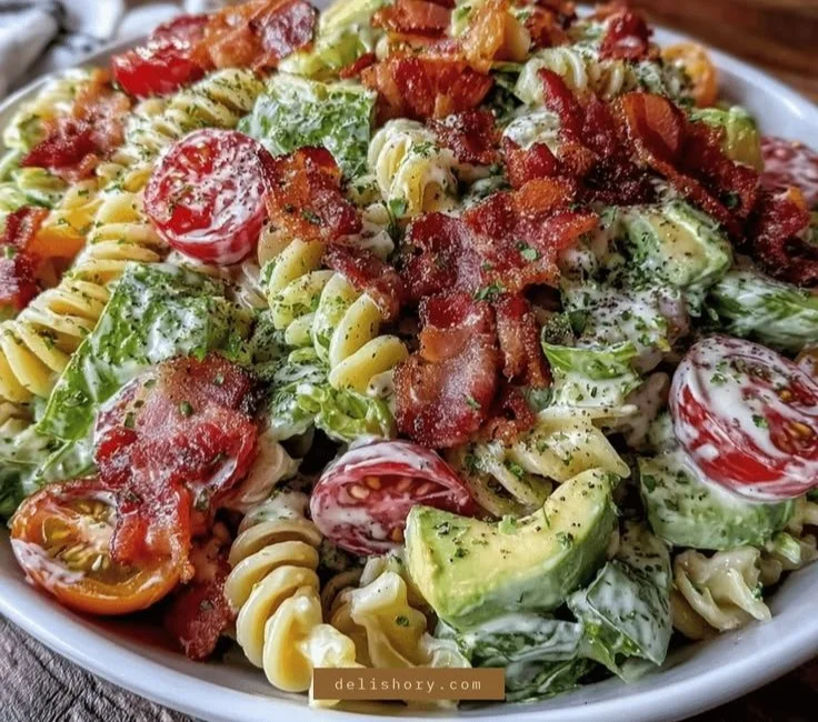 Creamy BLT Pasta Salad served in a bowl for a refreshing summer dish