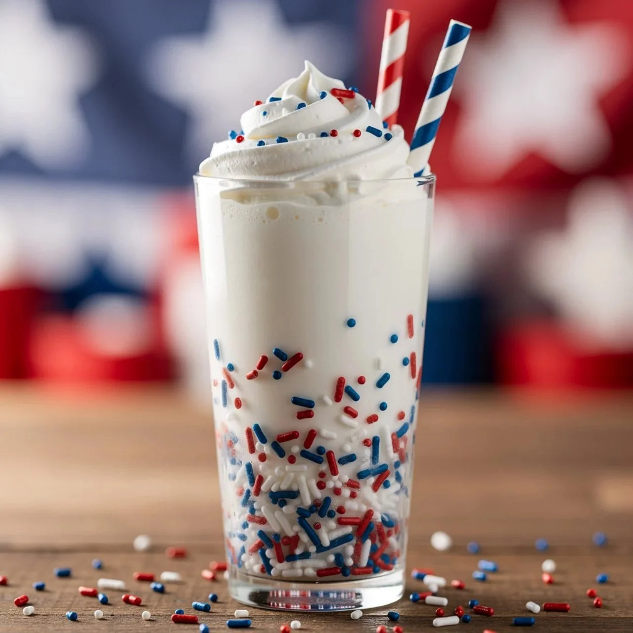 Festive 4th of July milkshakes with vibrant red, white, and blue toppings.