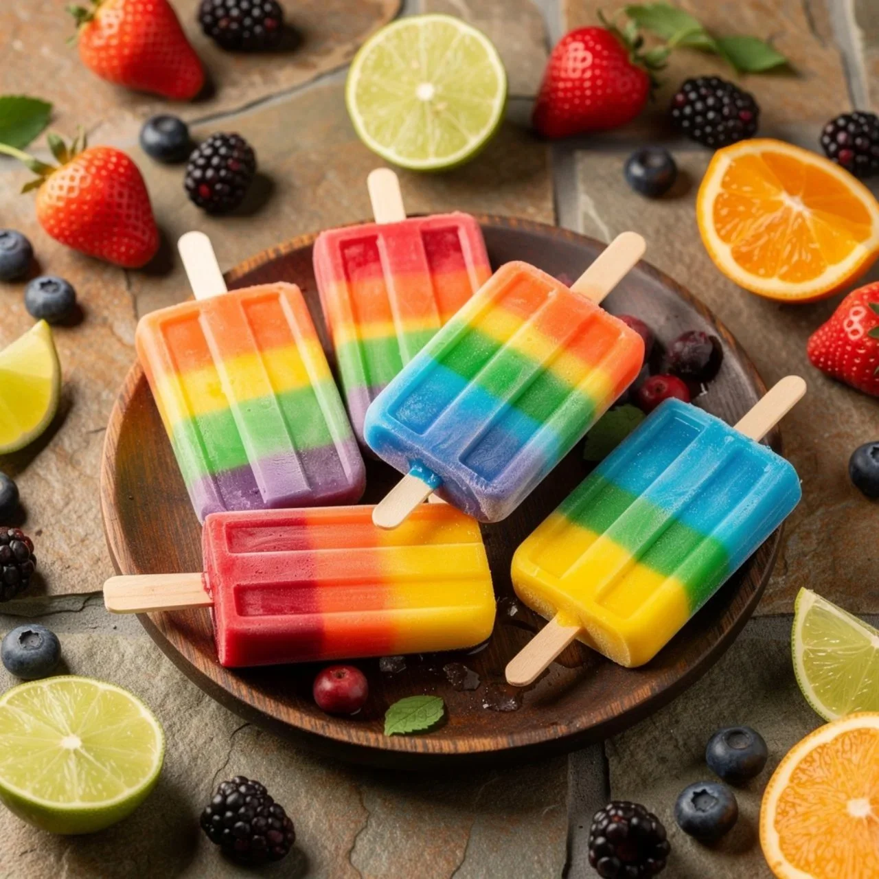Colorful 7 Layer Rainbow Popsicles stacked in a clear container
