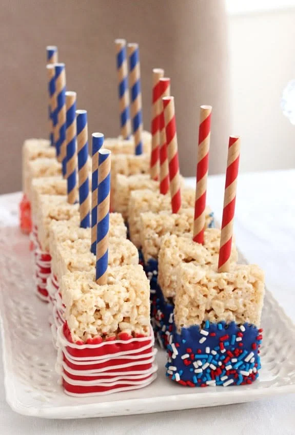 American Flag Rice Krispie Treats arranged in festive pattern for celebrations