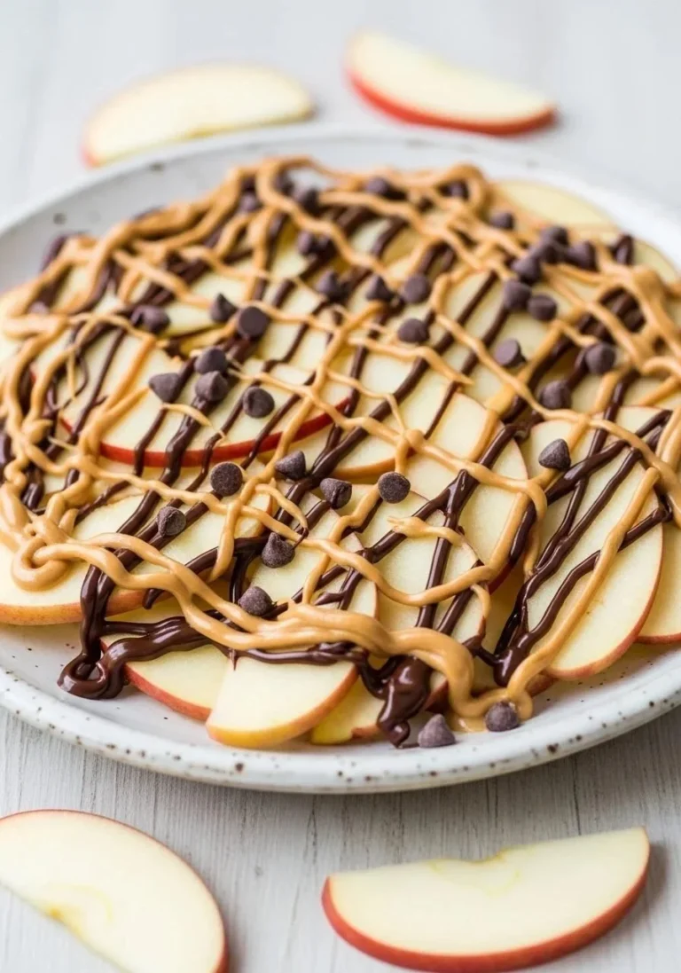 Apple nachos drizzled with peanut butter and chocolate for a tasty snack.