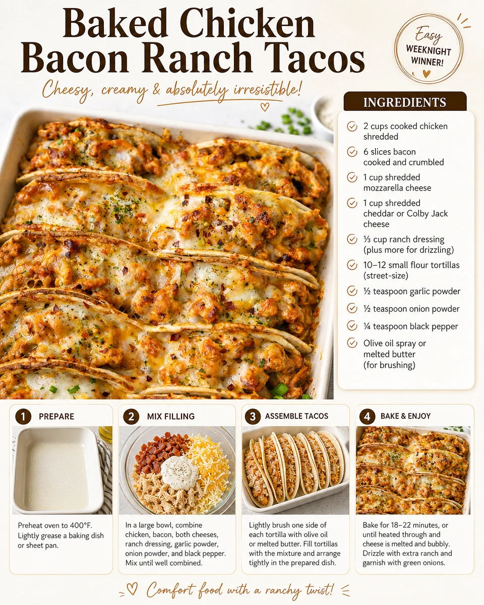 Baked Chicken Bacon Ranch Tacos served on a plate with toppings