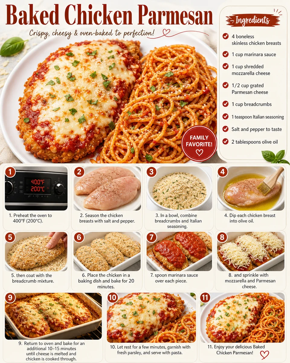 Delicious baked chicken parmesan served with marinara sauce and cheese.